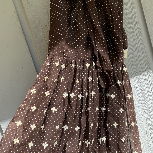 1970s M.G.M. Brown Polka Dot Halter Maxi Dress Prairie Embroidered Hem Sz 10 - Picture 13 of 16